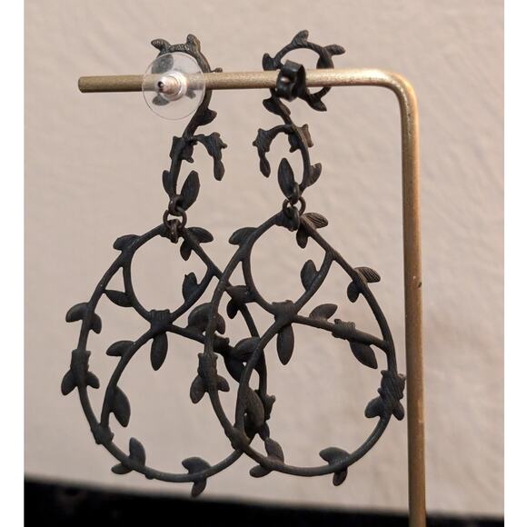 Black Subtle Sparkle Leafy Vine Dangle Post Earrings - Picture 3 of 5